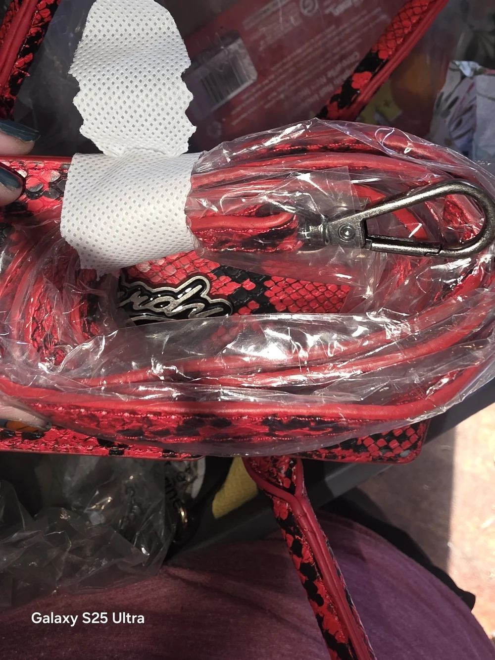 Ed Hardy Red and Black Snake-Print Satchel with Charm Chain